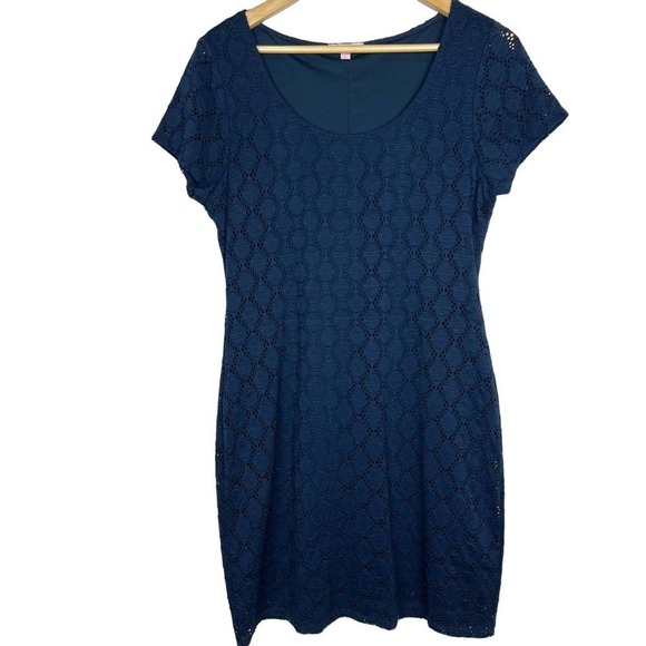 Isaac Mizrahi Navy Blue Lace Overlay Women's Pull Over Sheath Dress Large - Picture 1 of 5